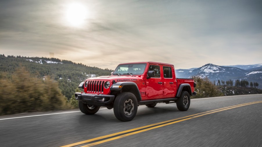 A 2022 Jeep Gladiator pickup driving, the Gladiator is one of the best new diesel pickup trucks
