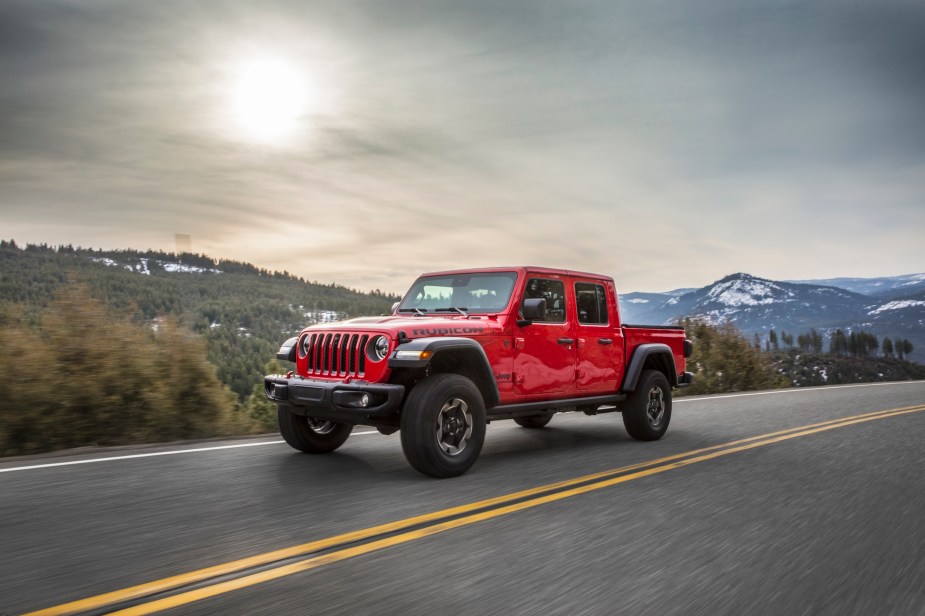 A 2021 Jeep Gladiator pickup driving, the Gladiator is one of the best new diesel pickup trucks
