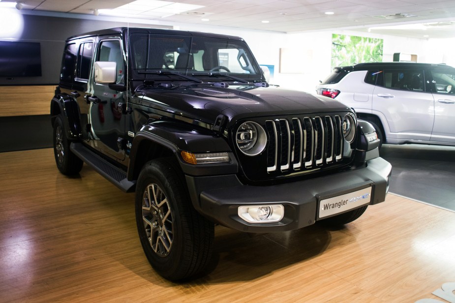 A black Jeep Wrangler parked indoors. 