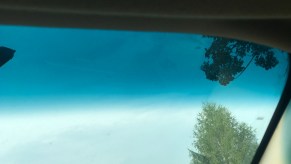 Car windshield with a blue-green color-tinted layer at the top, and a tree in the background