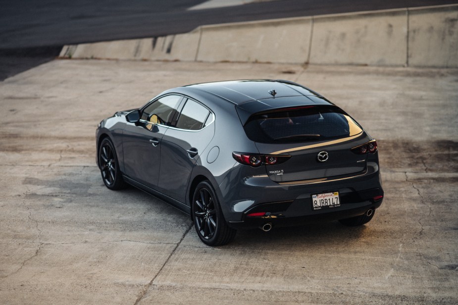 A rear view of the 2022 Mazda3 hatchback.
