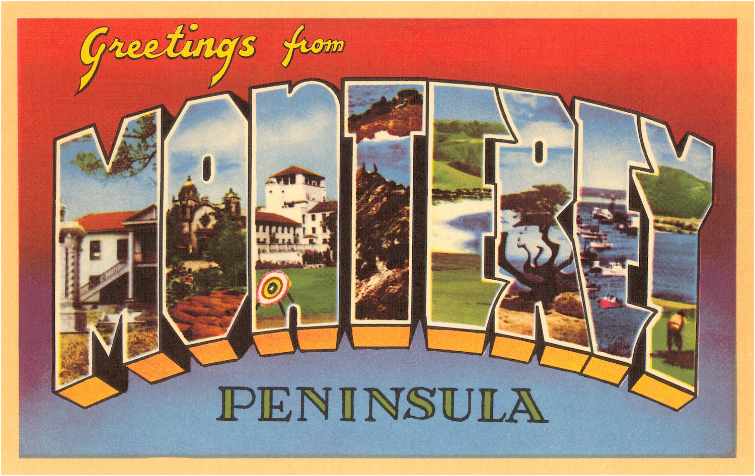 post card saying "Greetings from Monterey Peninsula, California"