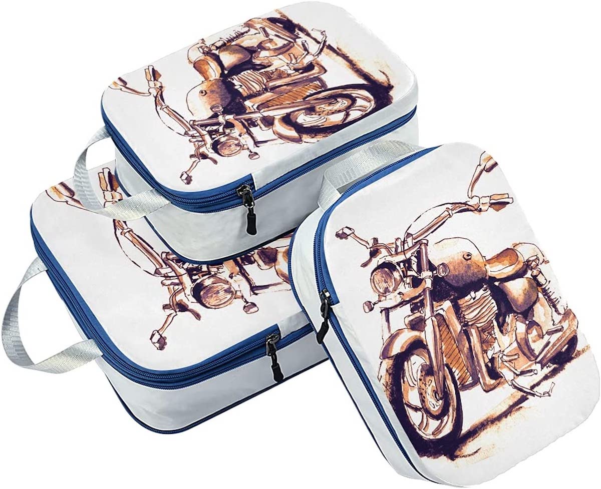 Product photo of a set of packing cubes with a motorcycle printed on them, from Amazon.