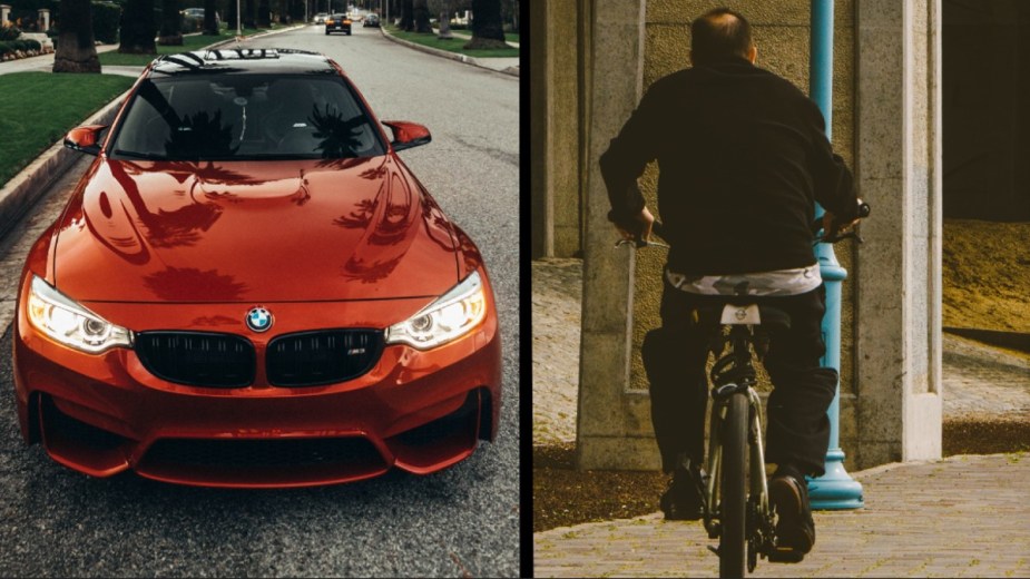 Orange BMW and man riding bicycle, highlighting BMW-driving mother in China that mocked son's teacher for riding bike