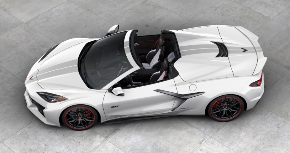 Overhead view of fully loaded new 2023 Chevy Corvette Stingray Convertible 70th Anniversary, showing how much it costs