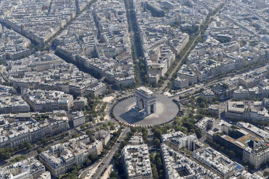 Aerial view of the hub-and-spoke design of Paris' city streets.