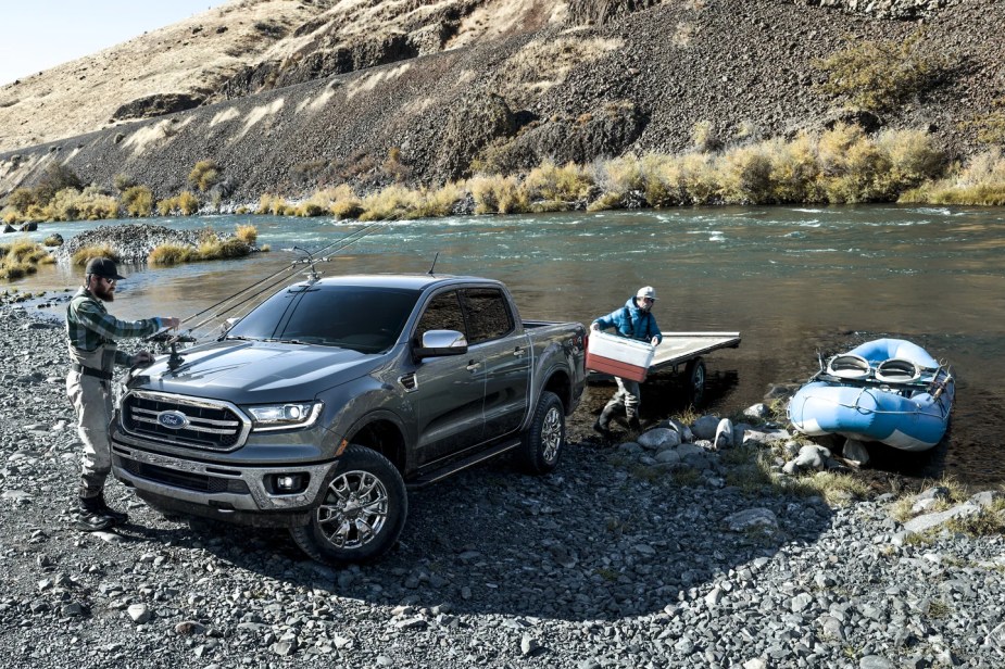 A grey mid-size truck, the 2023 Ford Ranger.