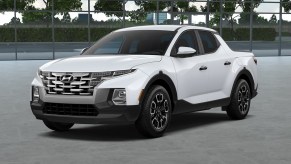 A white 2022 HYundai Santa Cruz in a parking lot.
