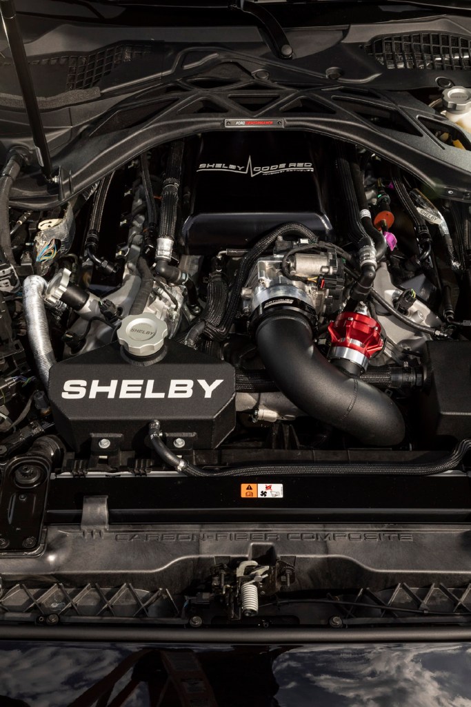 The Mustang Shelby GT500 CODE RED shows off its re-engineered twin-turbocharged V8.