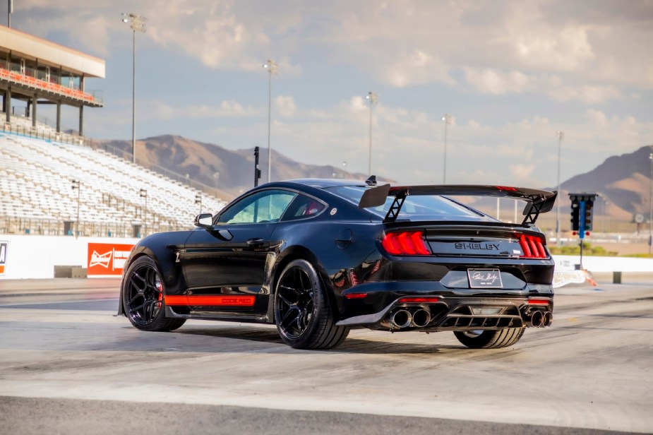 Shelby GT500 CODE RED has a huge rear wing, showcasing its track car credentials.