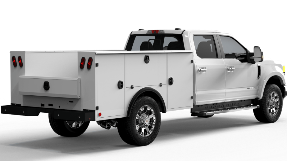 Render of a Ford F-Series pickup truck with a custom utility body installed in place of the regular bed.