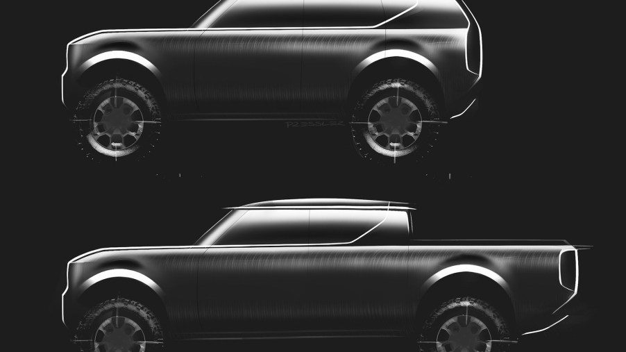 A black and white sketch of the Volkswagen EV pickup truck models.