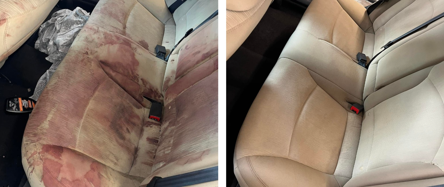 A Hyundai interior that appears to have blood stains on he rear seats