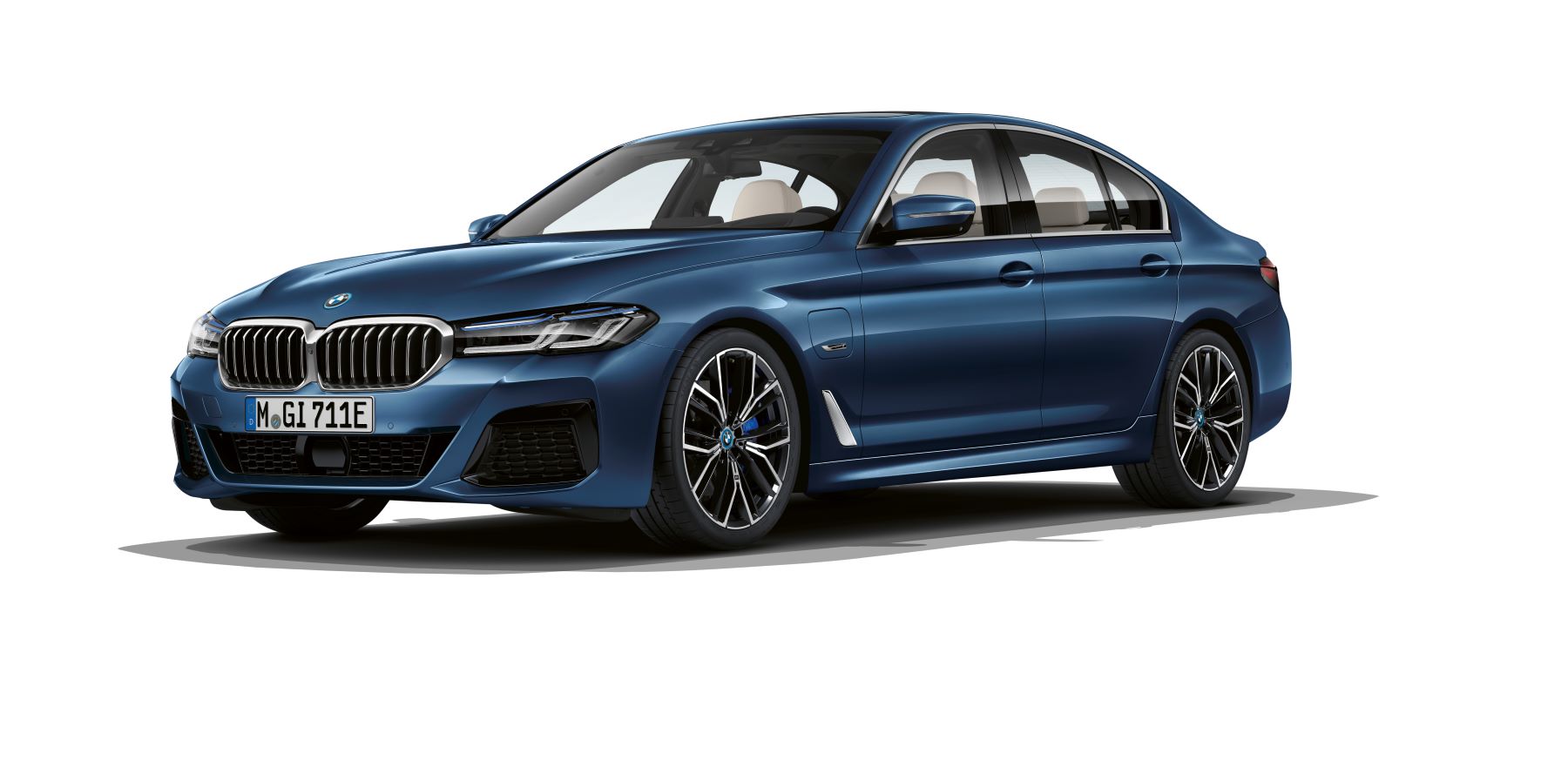 A blue BMW 5 Series eDrive luxury sedan stock promotional photo