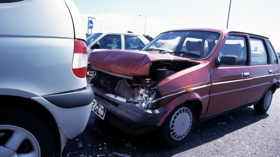 A parked car that was involved in an accident.