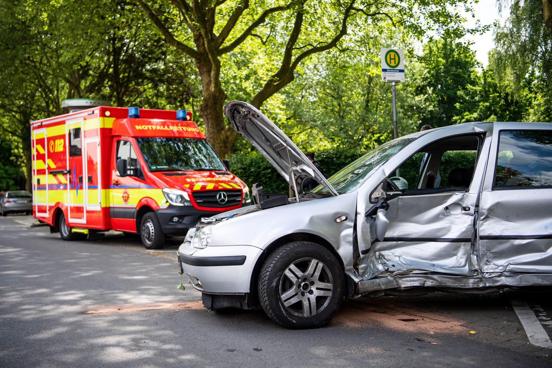 Car insurance checked after an accident at a bus stop in Lower Saxony, Delmenhorst