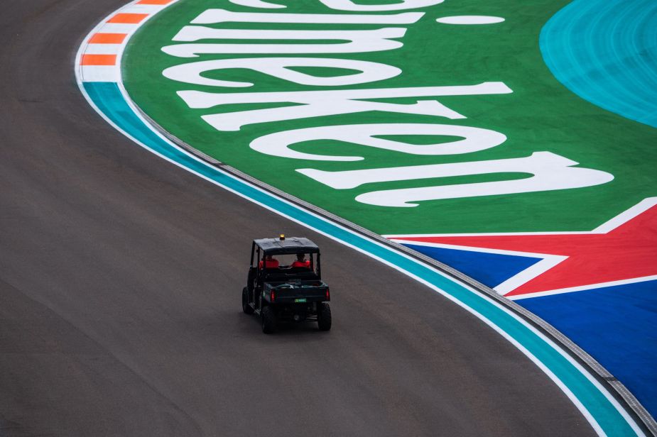 A golf cart drives on the Formula 1 track before the Miami Grand Prix