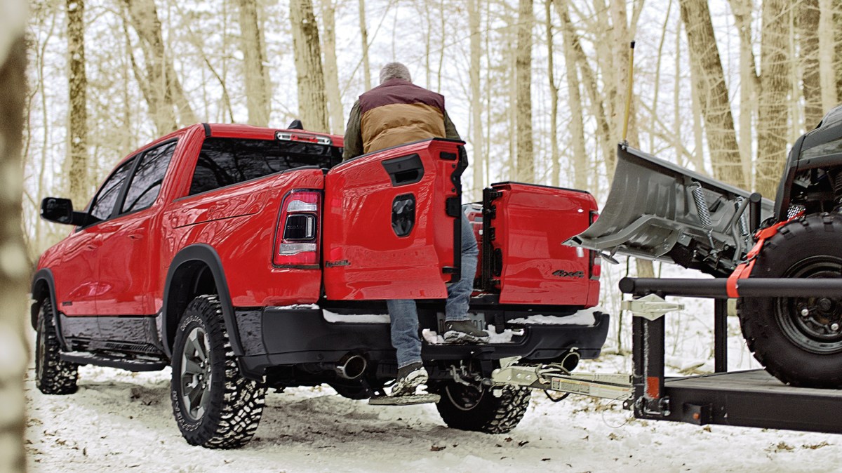 A Red Ram 1500 showing how the MultiFunction tailgate can open. 