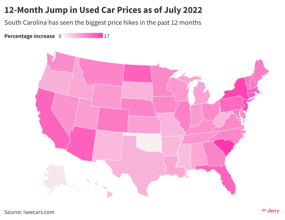 A map of the U.S. that shows an increase in used car pricing over the past 12 months.