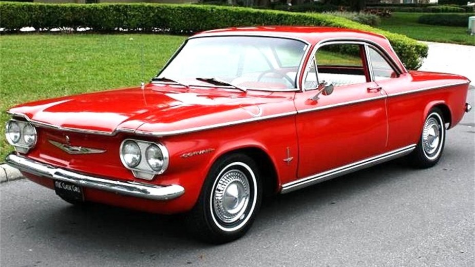 Red 1960 Chevy Corvair which was one of the most dangerous cars on the road