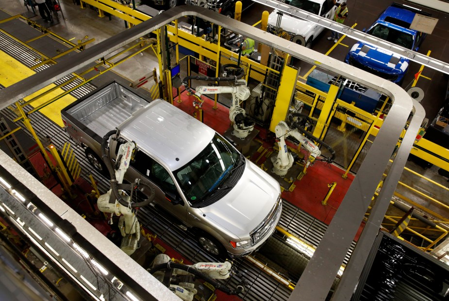 A 2013 Ford F-150 full-size truck is built at the factory.