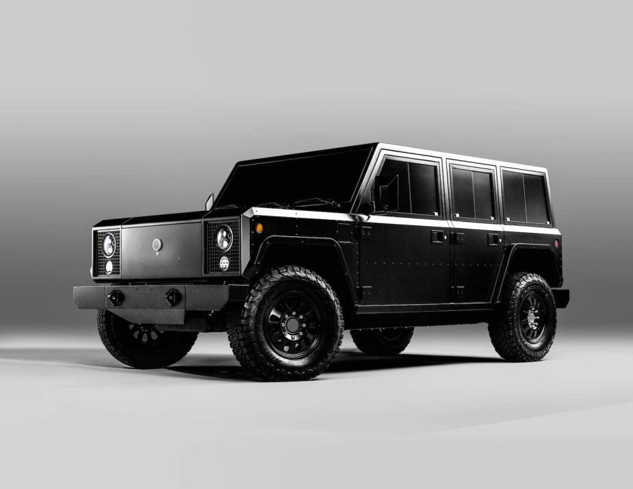 Blocky black SUV prototype designed by electric vehicle startup Bollinger.