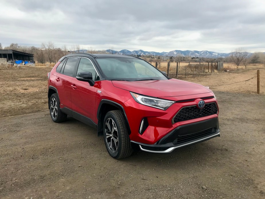 An exterior view of a red Toyota RAV4