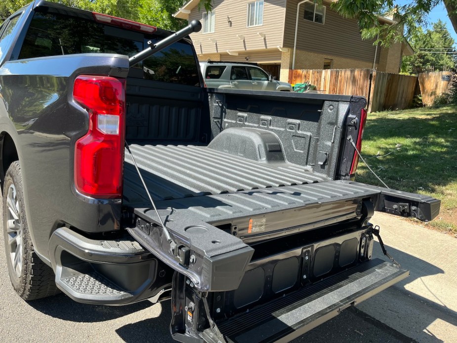 View of the tailgate of the 2022 Chevy Silverado multi-function truck.