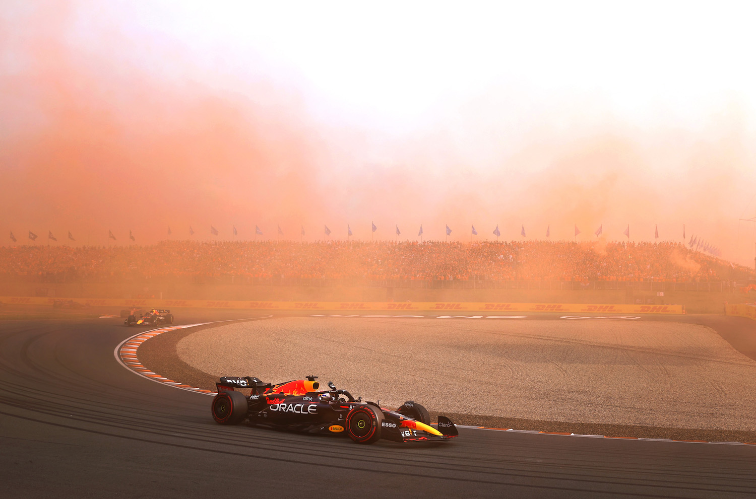 Max Verstappen's Red Bull Racing Formula 1 car takes a victory lap after the Netherlands Grand Prix.