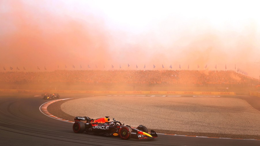 Max Verstappen's Red Bull Racing Formula 1 car takes a victory lap after the Netherlands Grand Prix.