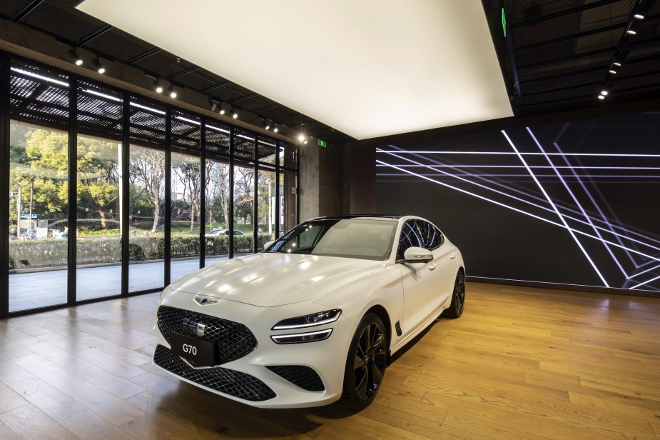 A white 2022 Genesis G70 in a showroom.