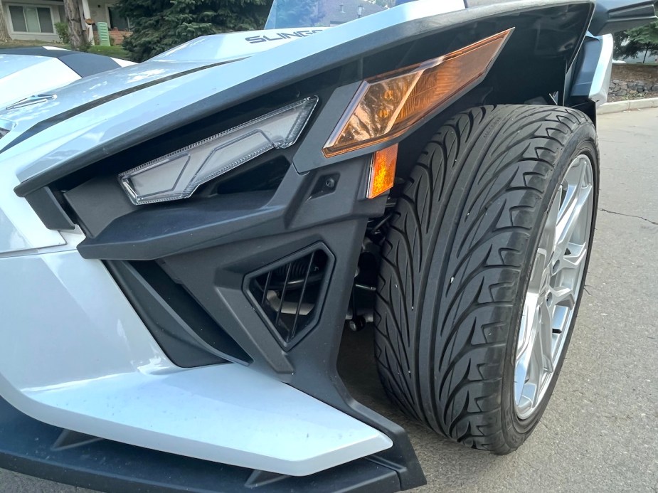 A detail shot of the tire on the 2022 Polaris Slingshot SL