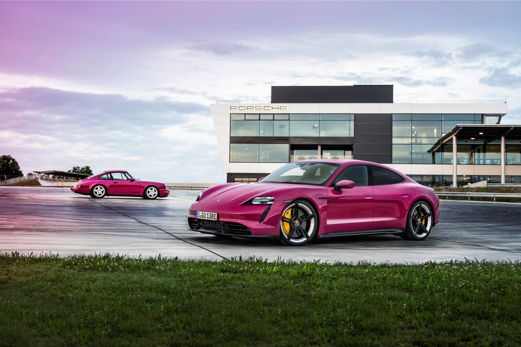 The all-electric 2022 Porsche Taycan Turbo S in pink