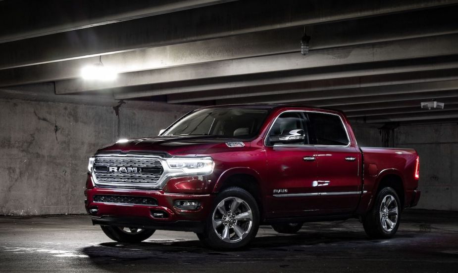 a red 2022 Ram 1500 Limited in a parking garage