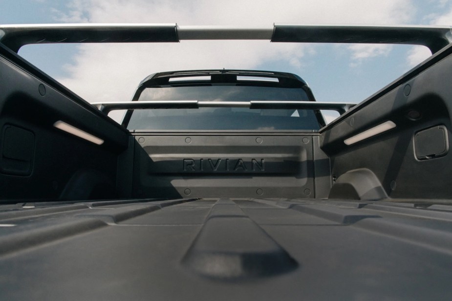 Closeup of the bed of a Rivian R1T electric pickup truck.