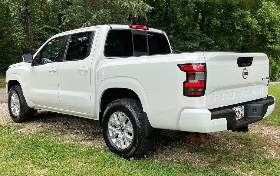 A side view of Nissan's mid-size truck, the 2022 Frontier SV.