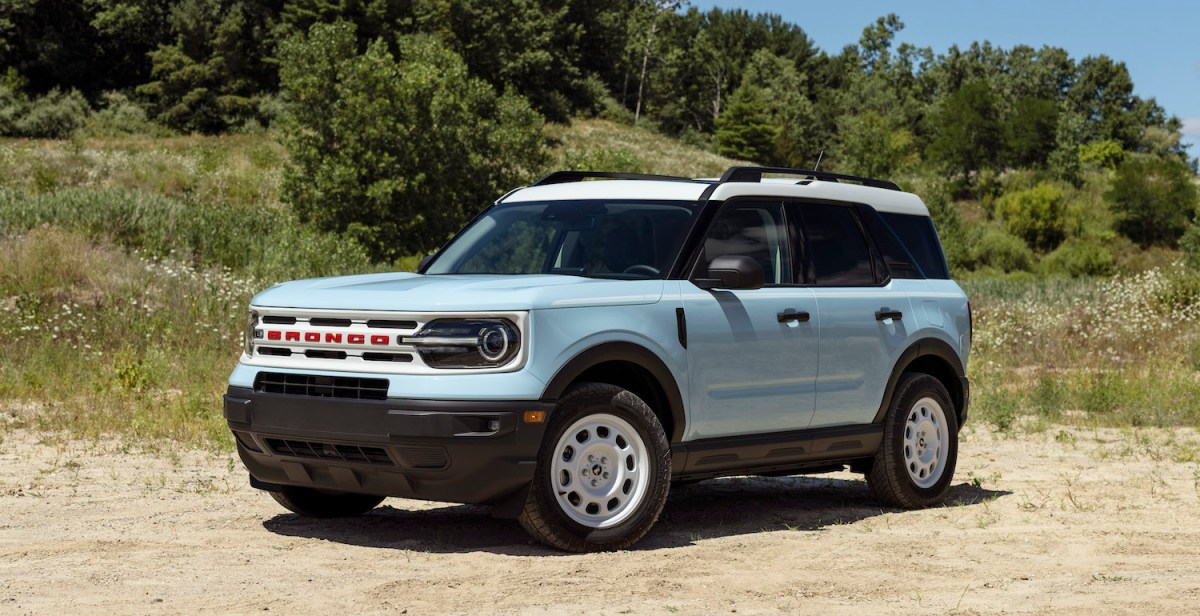 A 2023 Ford Bronco Sport Heritage Edition with a robbin's egg blue exterior and white roof