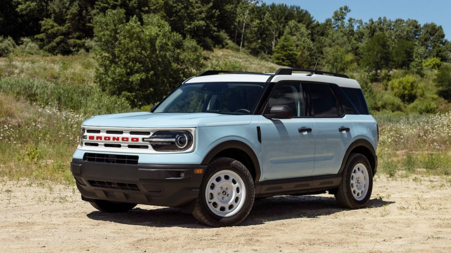 A 2023 Ford Bronco Sport Heritage Edition with a robbin's egg blue exterior and white roof