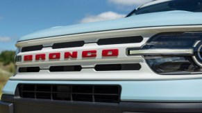 The front of a blue 2023 Ford Bronco Sport Heritage.