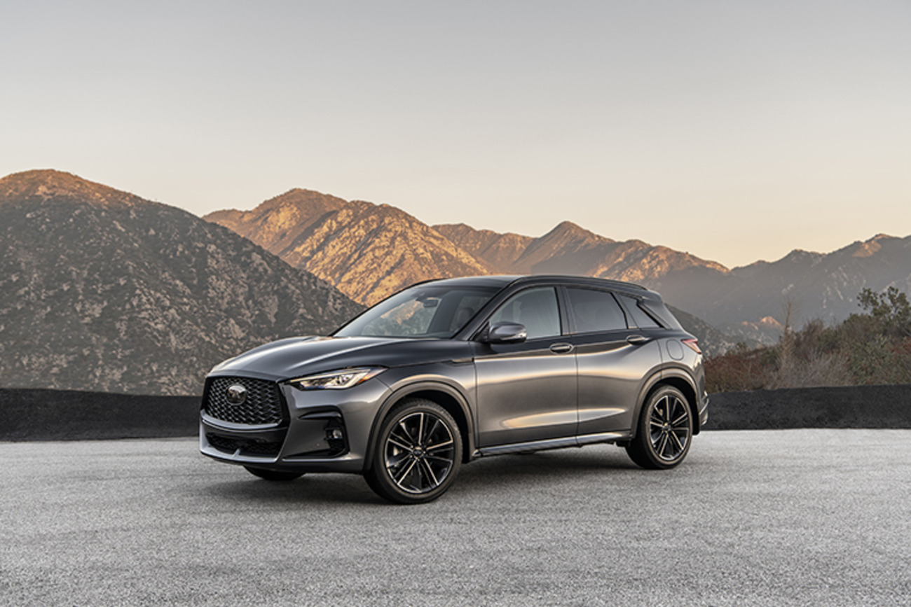 A graphite shadow 2023 Infiniti QX50 luxury crossover. It got a new Sport trim and a higher price.