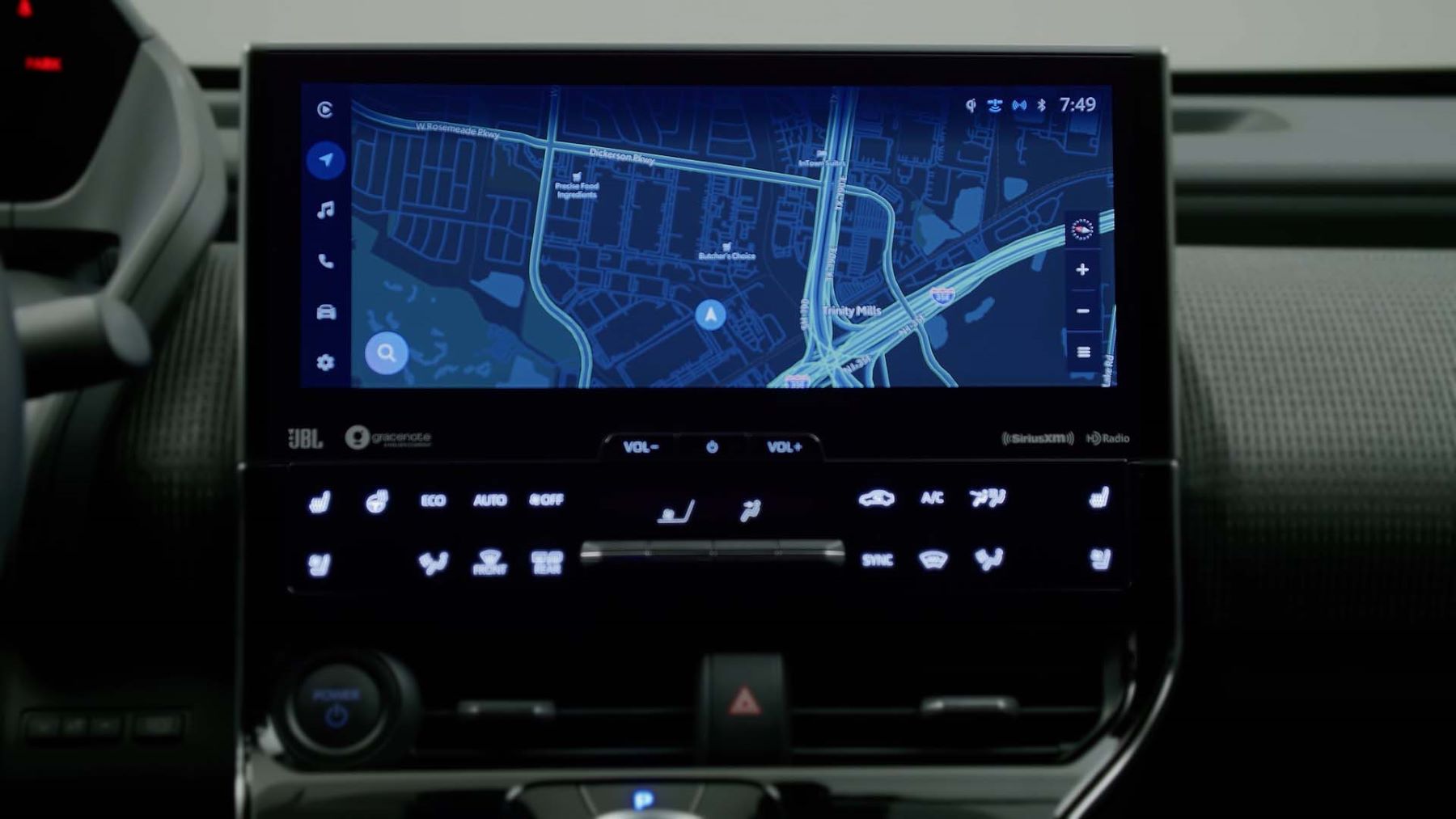 The infotainment and navigation system of a 2023 Toyota bZ4X Limited compact electric (EV) SUV model