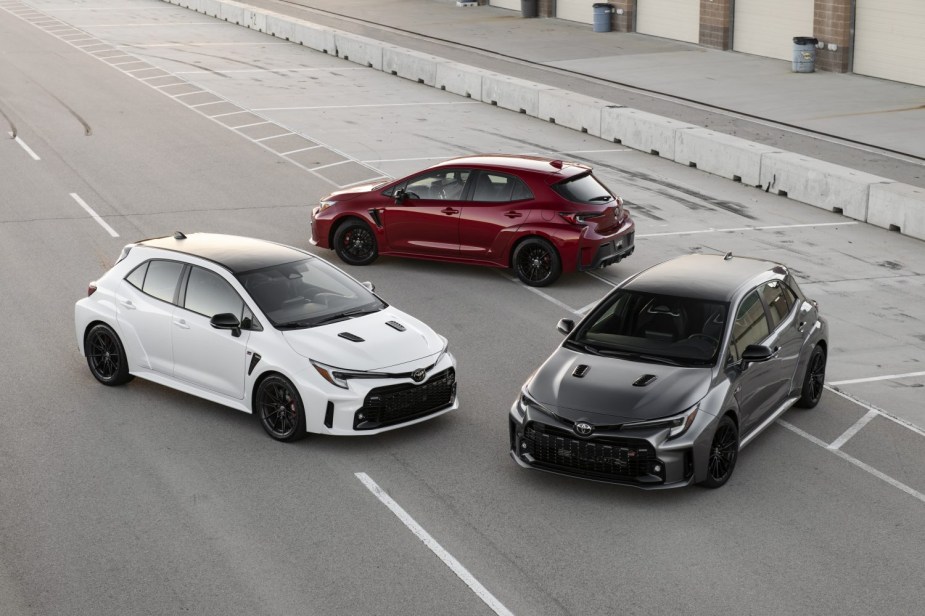 All three 2023 Toyota GR Corolla trim levels in a group shot.