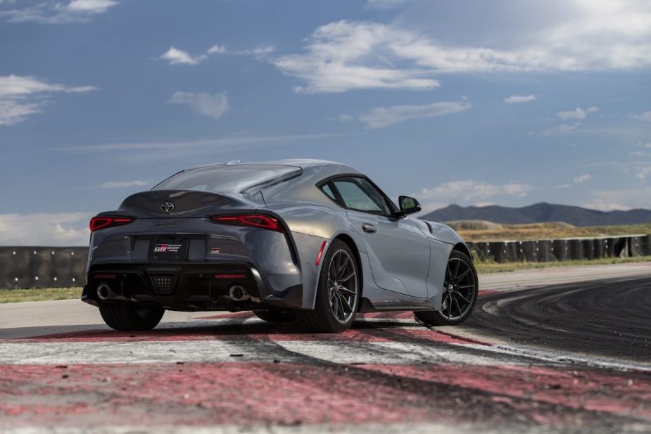A rear view of the 2023 A91 Supra on the track.