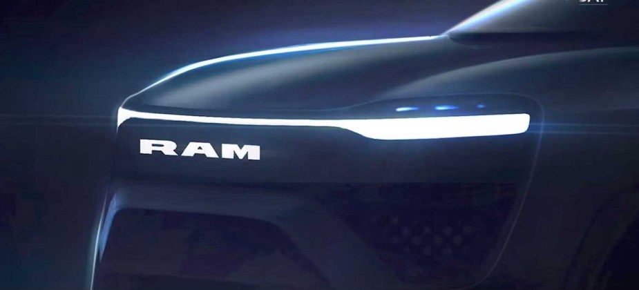 The grille of a computer rendering of Ram's 2024 fully-electric 1500 pickup truck.