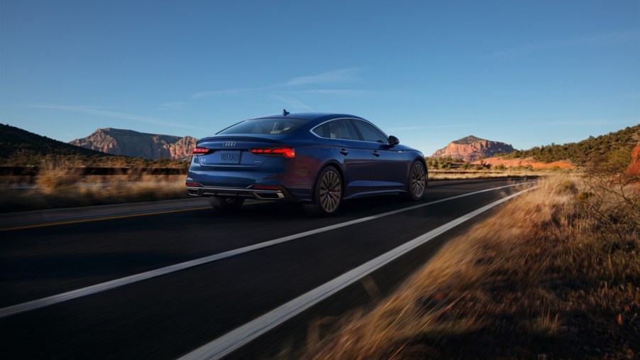 A blue Audi A5 Sportback driving, the A5 is among the most comfortable cars