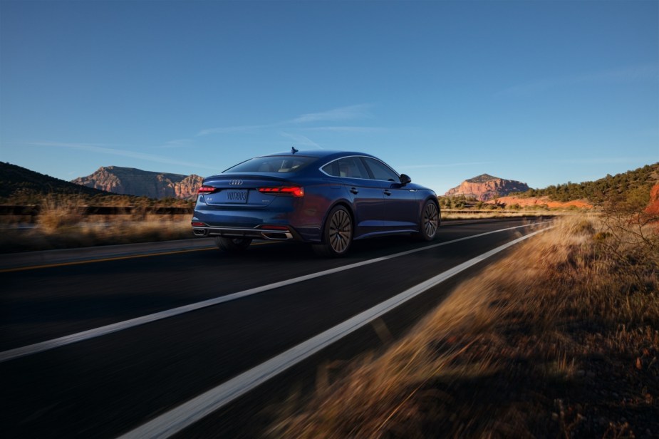 A blue Audi A5 Sportback driving, the A5 is among the most comfortable cars