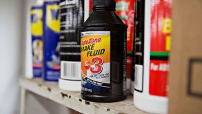 AutoZone brake fluid on a shelf in a store in Tiskilwa, Illinois