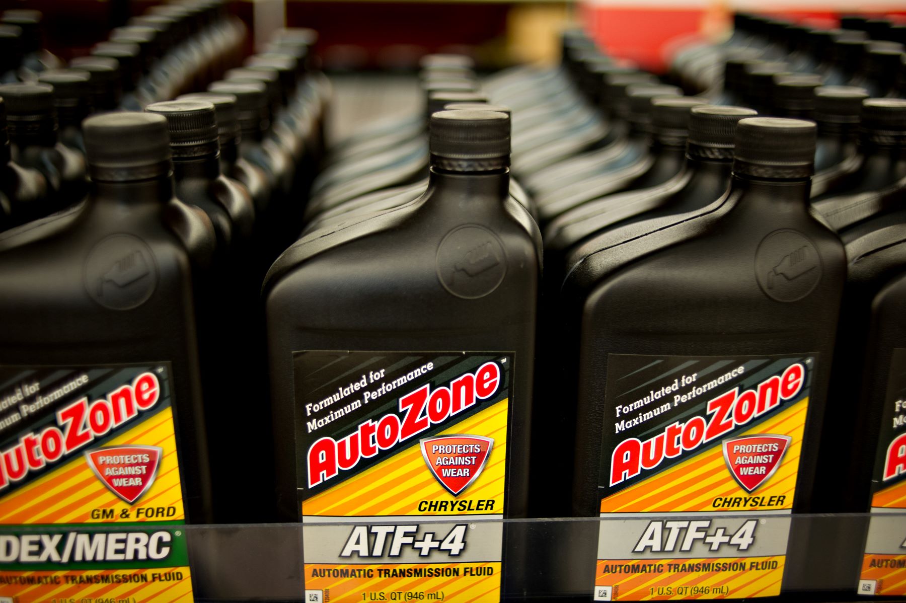 Rows of AutoZone transmission fluid on display in a store in Princeton, Illinois