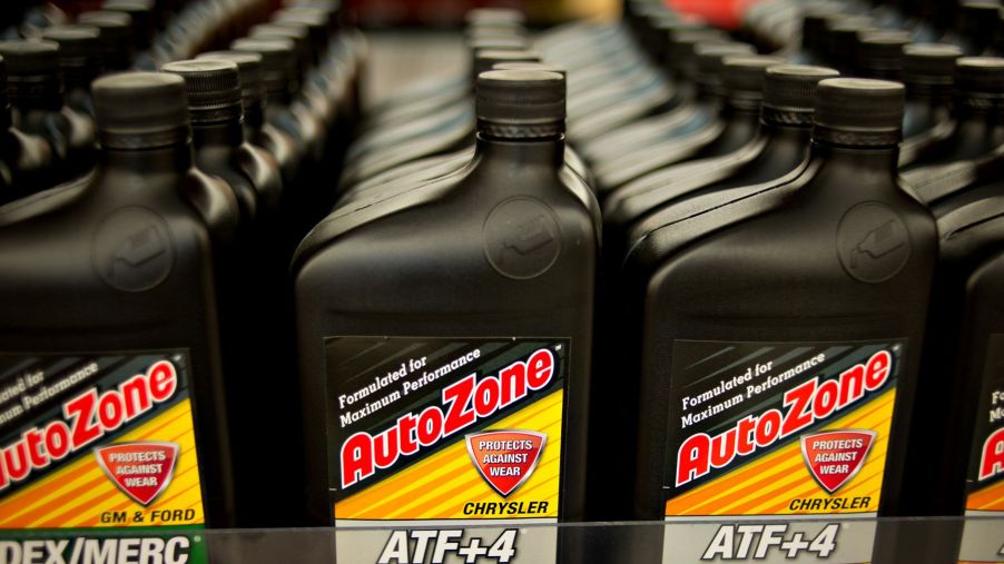 Rows of AutoZone transmission fluid on display in a store in Princeton, Illinois