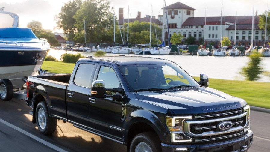 A Ford F250 towing a boat